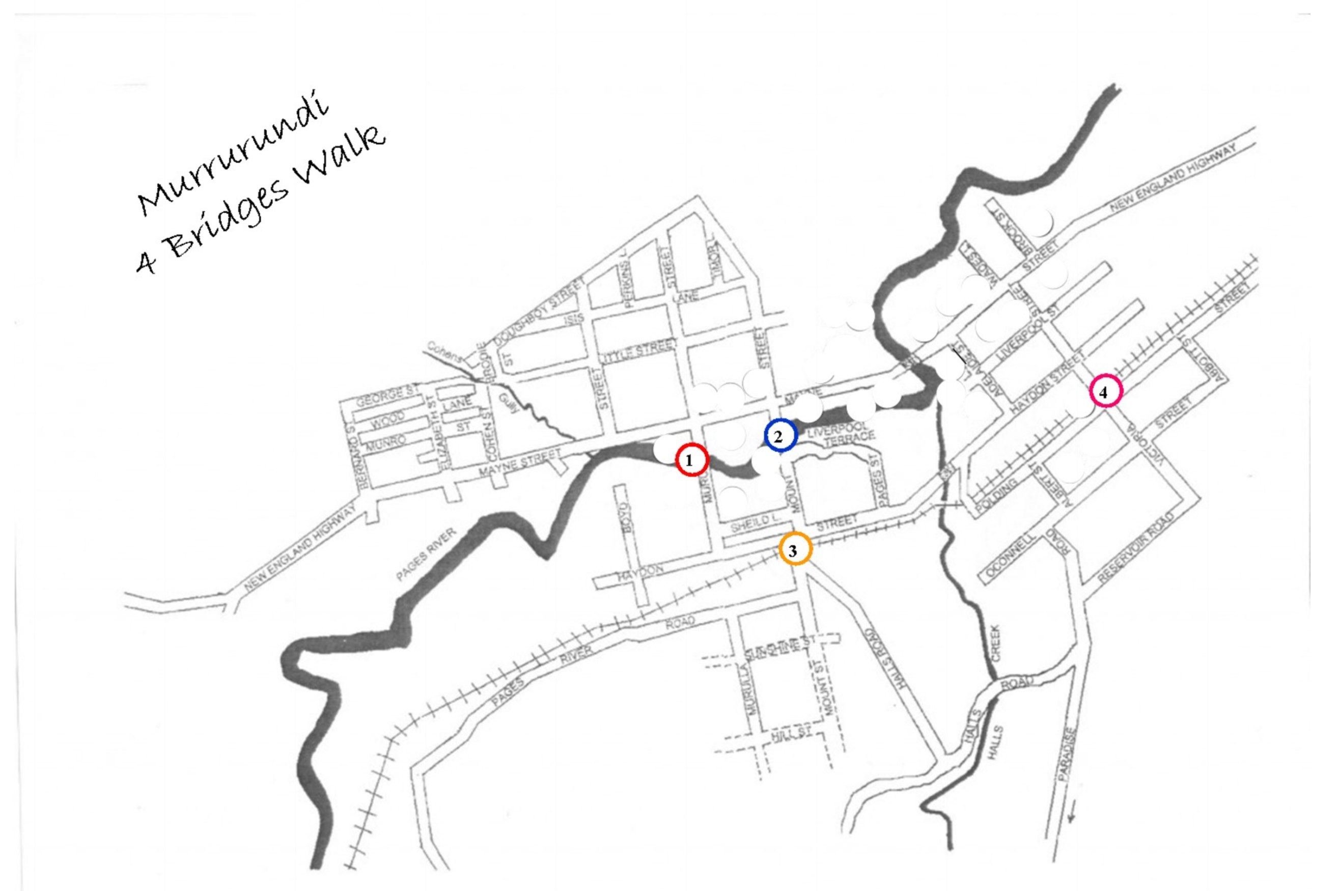 Murrurundi 4 Bridges Walk map, numbered 1 to 4