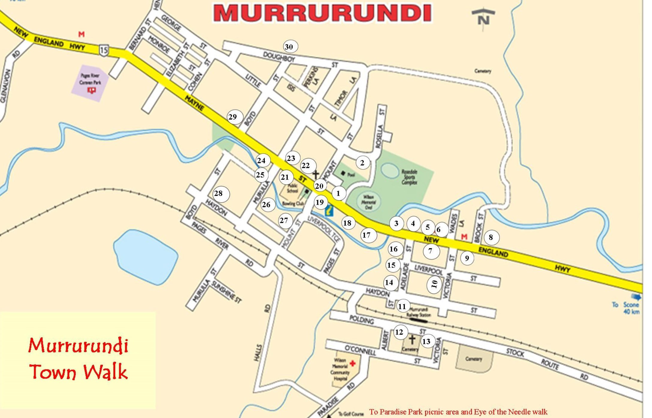 Murrurundi Heritage Walk map, numbered 1 to 30